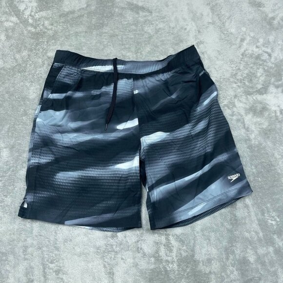 Speedo Mens XL Swim Shorts Black & Gray Pattern Inner Liner a1448 - Picture 1 of 4
